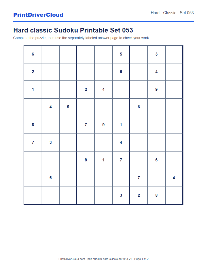 Preview of Hard classic Sudoku Printable Set 053