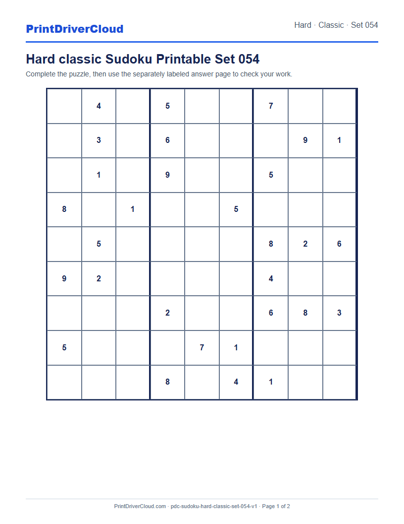 Preview of Hard classic Sudoku Printable Set 054