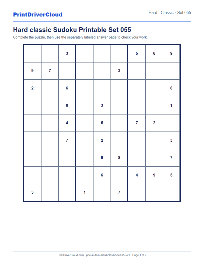 Preview of Hard classic Sudoku Printable Set 055