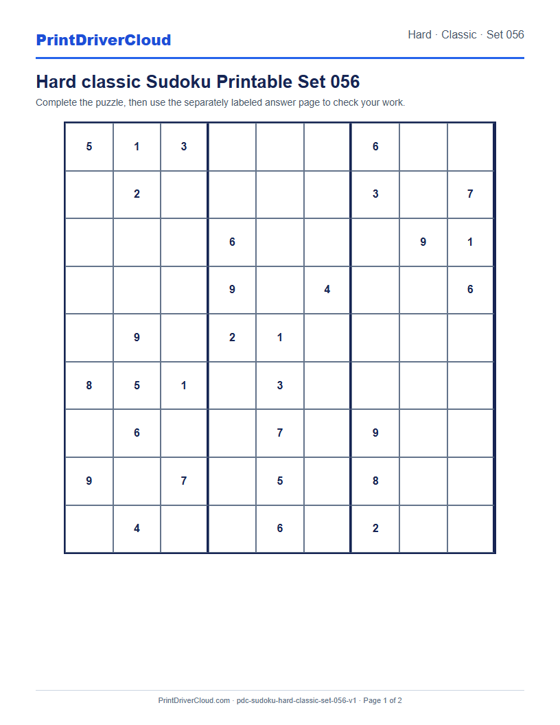 Preview of Hard classic Sudoku Printable Set 056