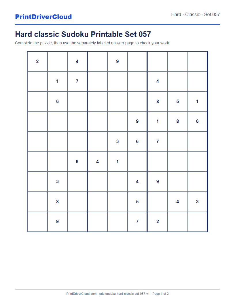 Preview of Hard classic Sudoku Printable Set 057