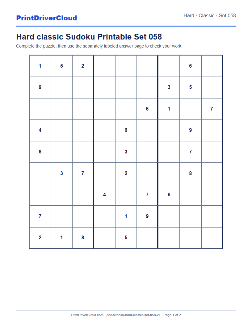 Preview of Hard classic Sudoku Printable Set 058