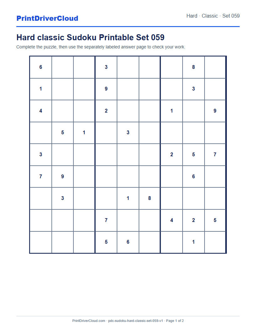 Preview of Hard classic Sudoku Printable Set 059