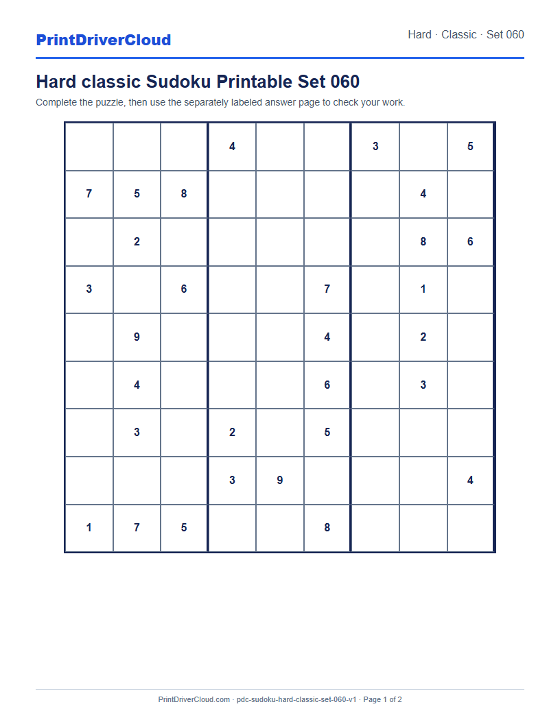 Preview of Hard classic Sudoku Printable Set 060