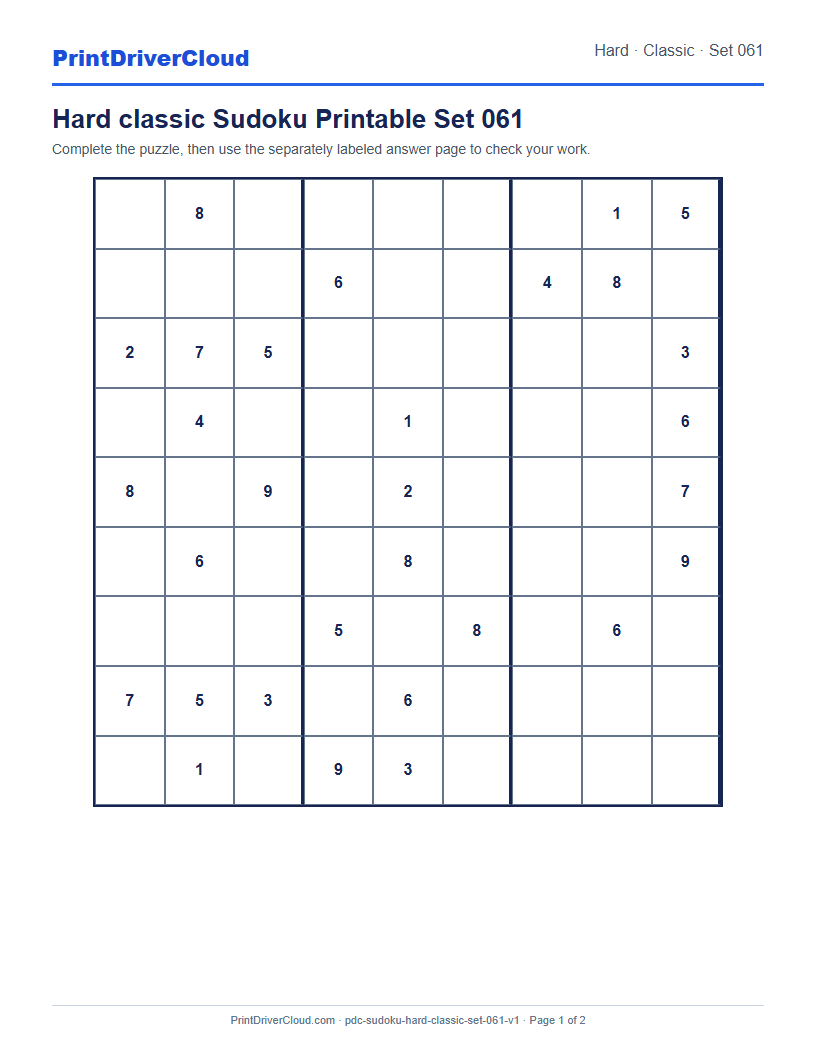 Preview of Hard classic Sudoku Printable Set 061