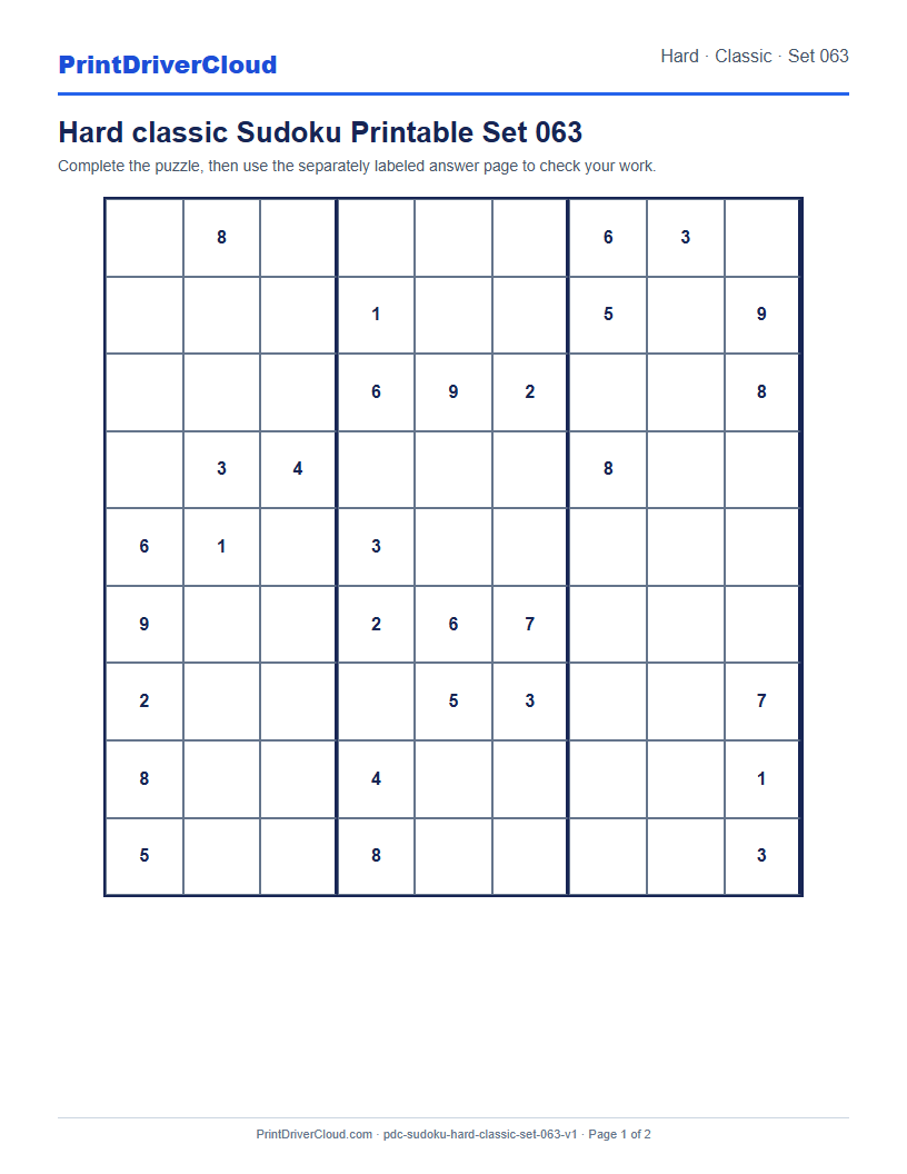 Preview of Hard classic Sudoku Printable Set 063
