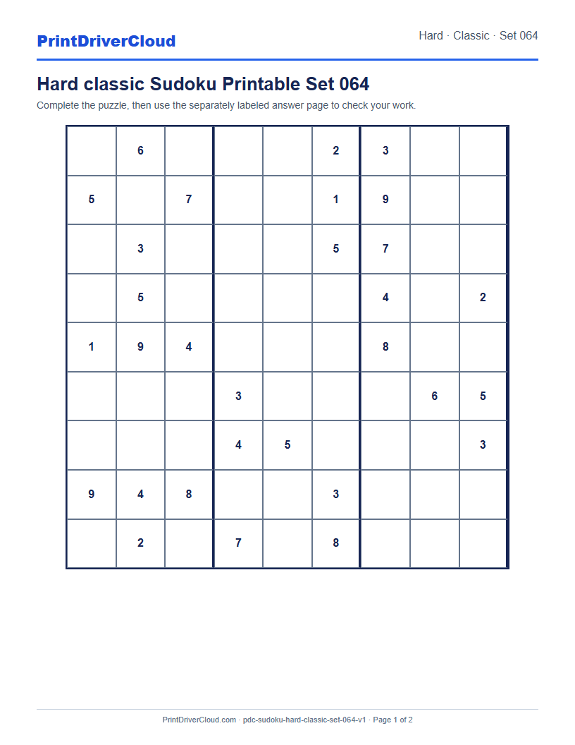 Preview of Hard classic Sudoku Printable Set 064