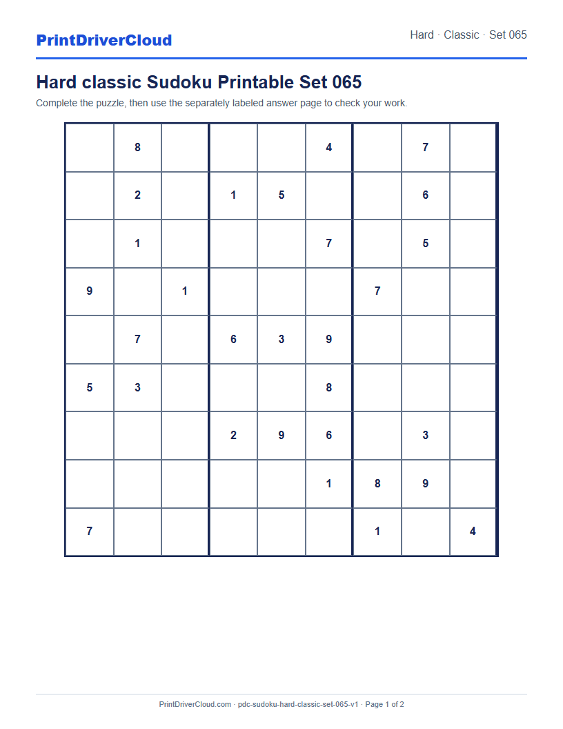 Preview of Hard classic Sudoku Printable Set 065