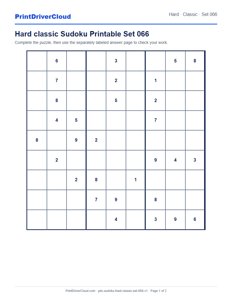 Preview of Hard classic Sudoku Printable Set 066