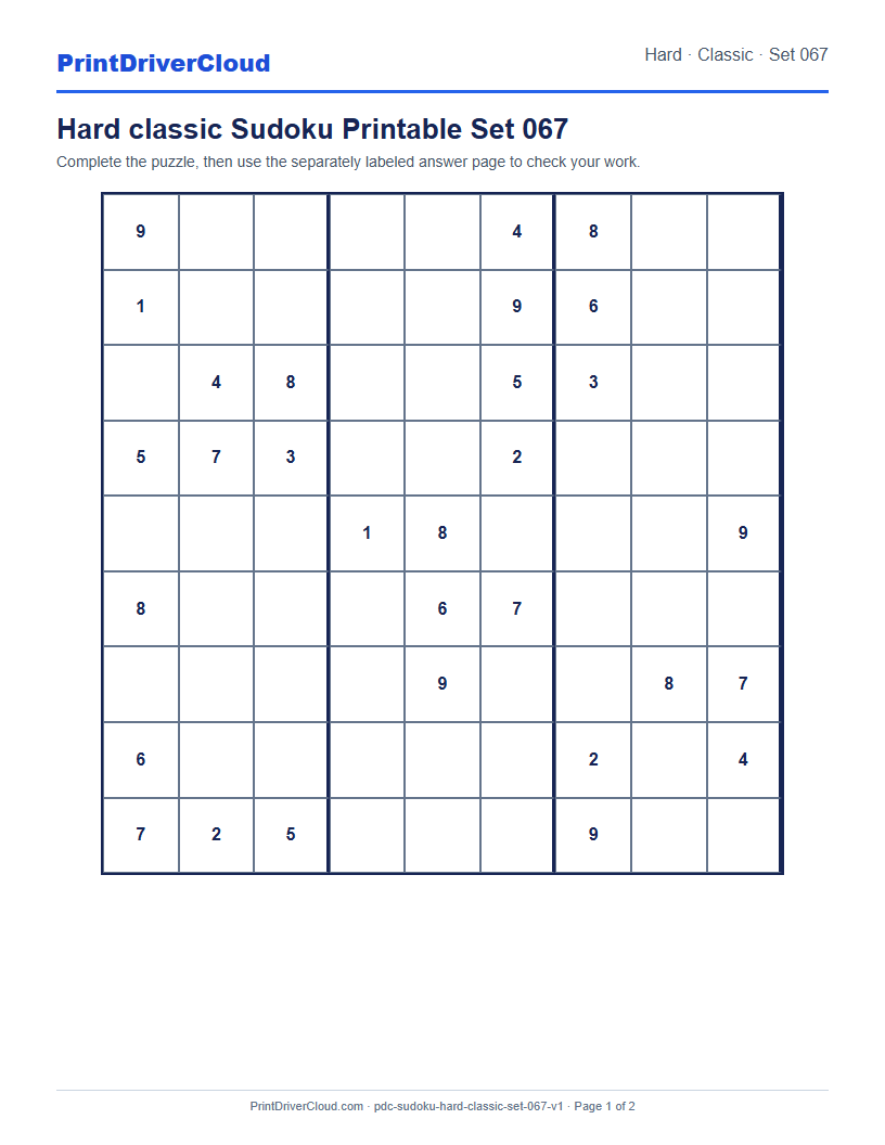 Preview of Hard classic Sudoku Printable Set 067