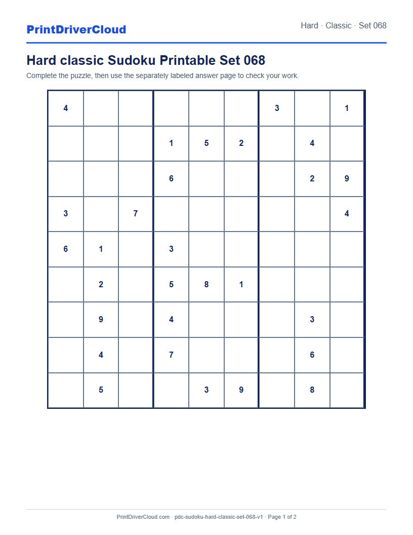 Preview of Hard classic Sudoku Printable Set 068