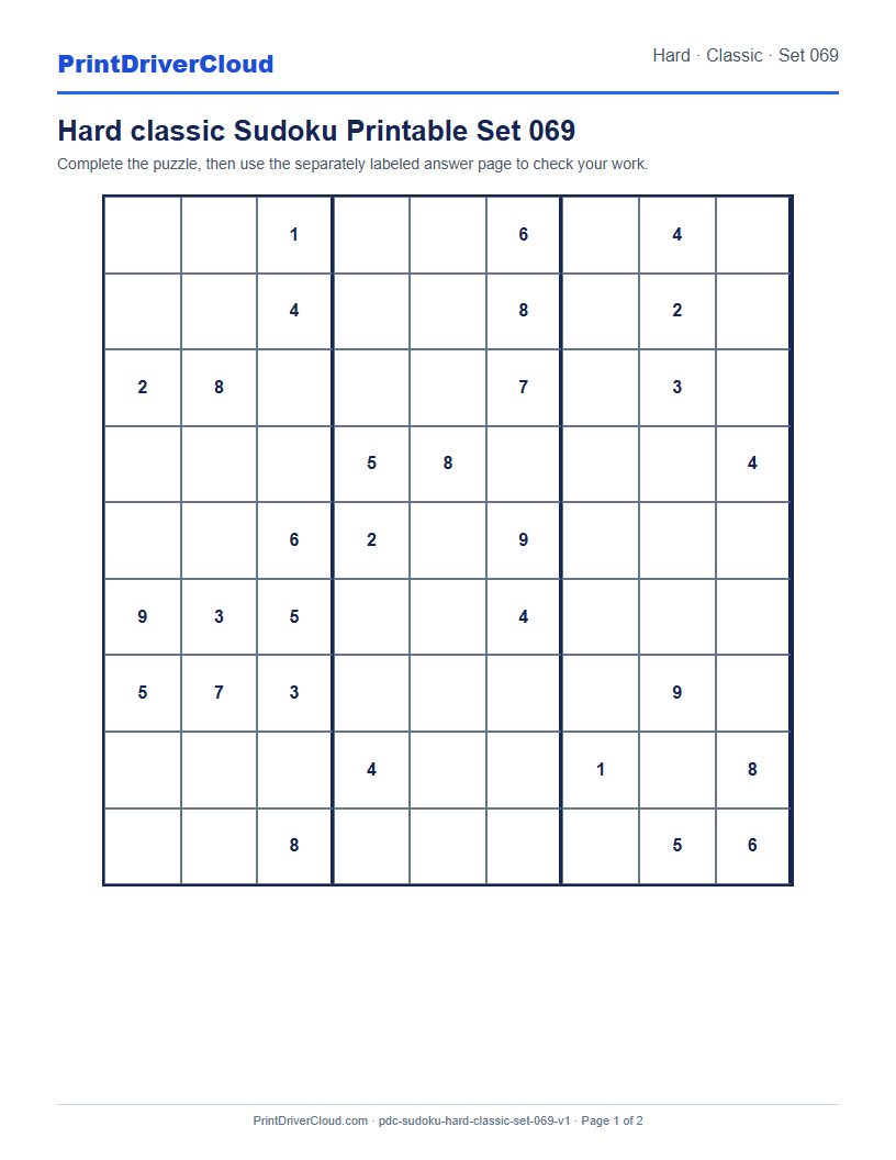 Preview of Hard classic Sudoku Printable Set 069