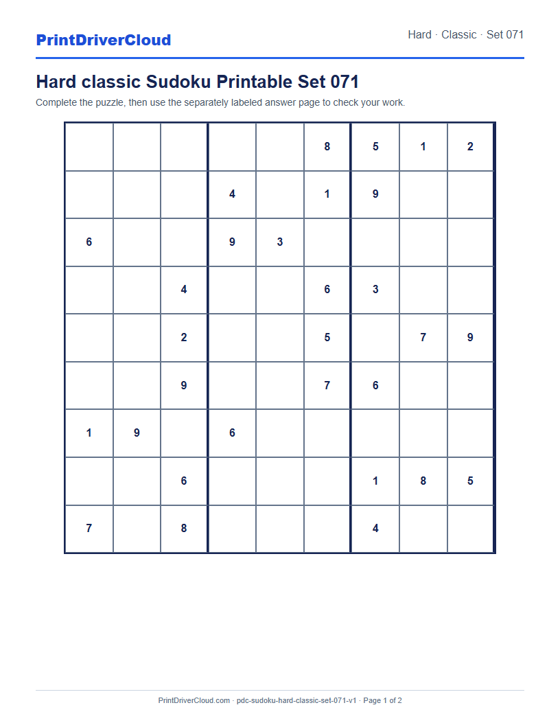 Preview of Hard classic Sudoku Printable Set 071