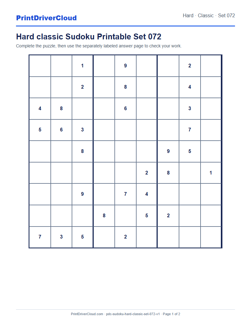Preview of Hard classic Sudoku Printable Set 072