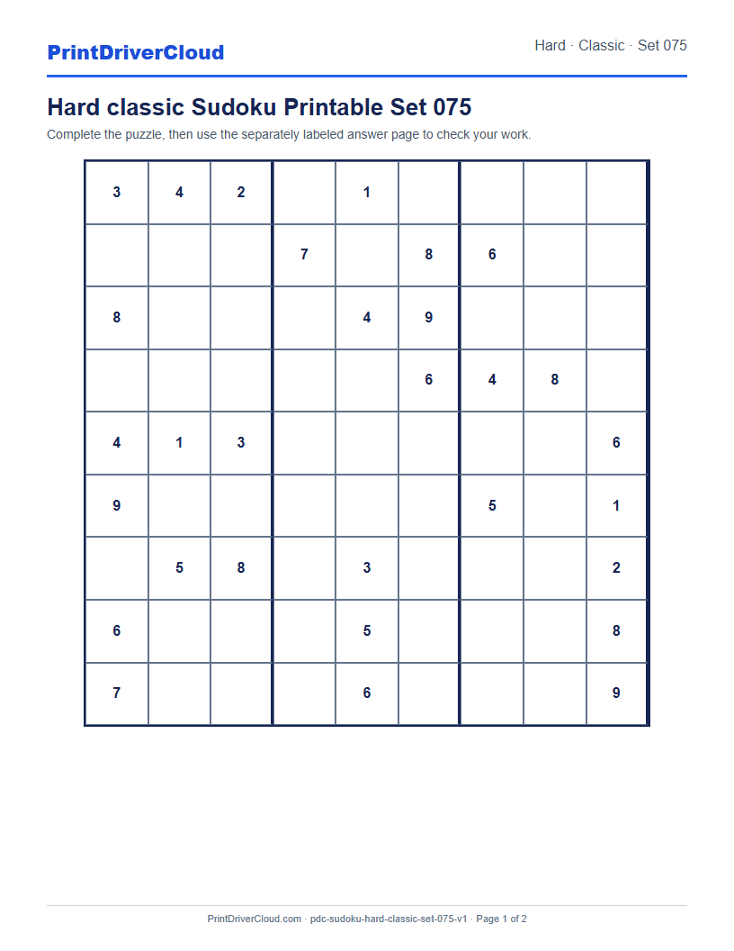 Preview of Hard classic Sudoku Printable Set 075
