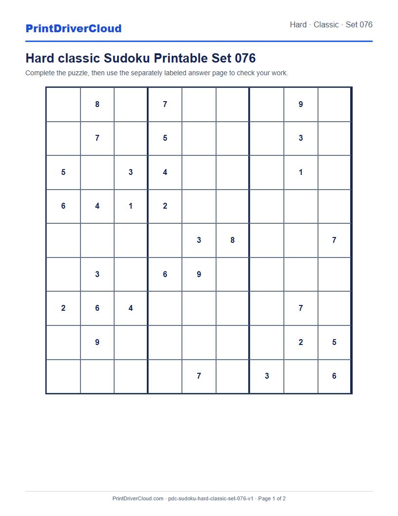 Preview of Hard classic Sudoku Printable Set 076