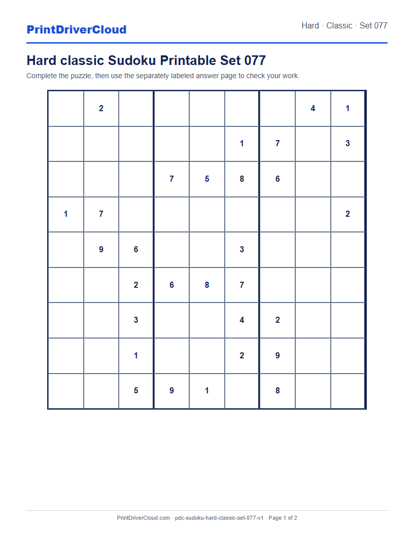 Preview of Hard classic Sudoku Printable Set 077