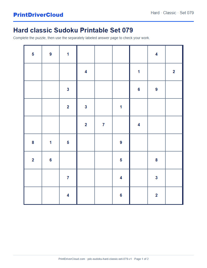 Preview of Hard classic Sudoku Printable Set 079
