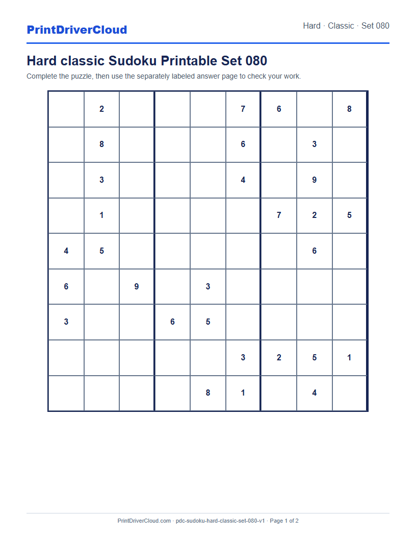 Preview of Hard classic Sudoku Printable Set 080