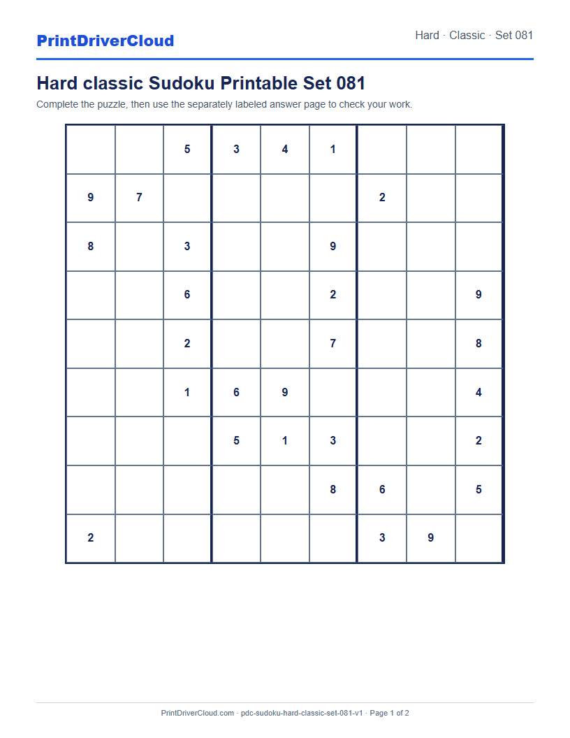 Preview of Hard classic Sudoku Printable Set 081