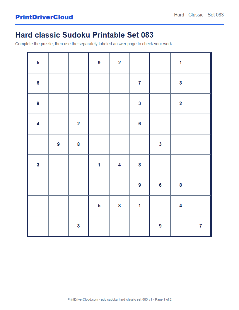 Preview of Hard classic Sudoku Printable Set 083