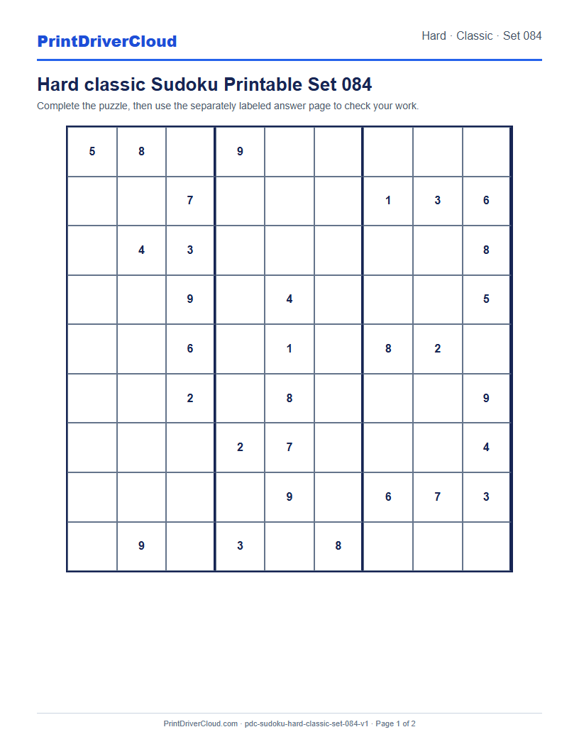 Preview of Hard classic Sudoku Printable Set 084