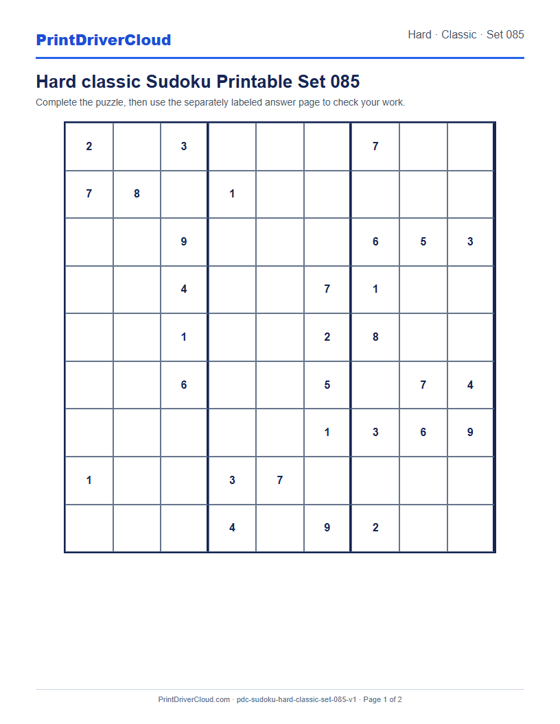 Preview of Hard classic Sudoku Printable Set 085