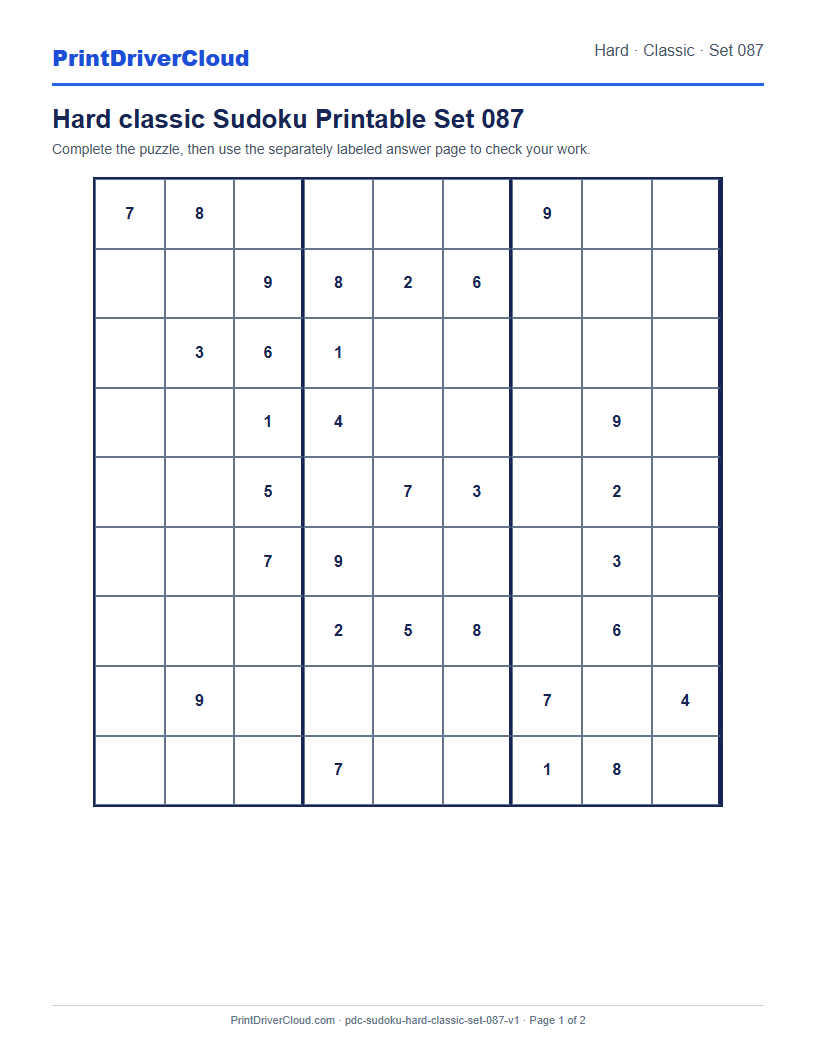 Preview of Hard classic Sudoku Printable Set 087