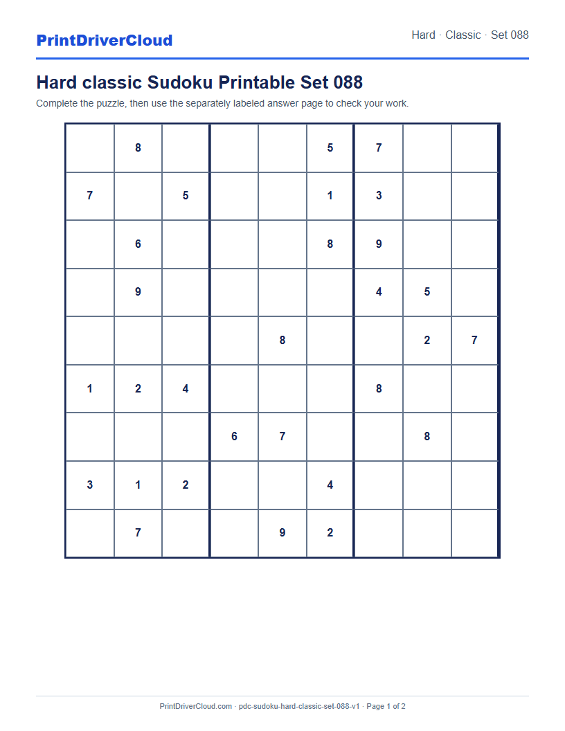 Preview of Hard classic Sudoku Printable Set 088