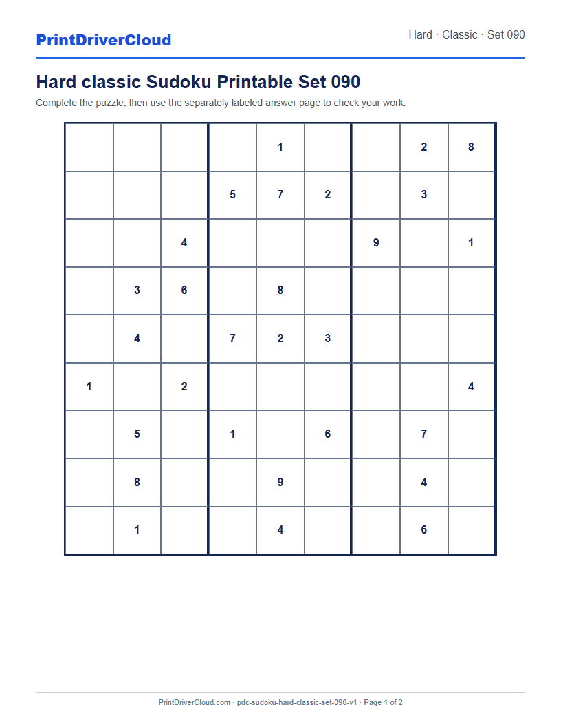 Preview of Hard classic Sudoku Printable Set 090