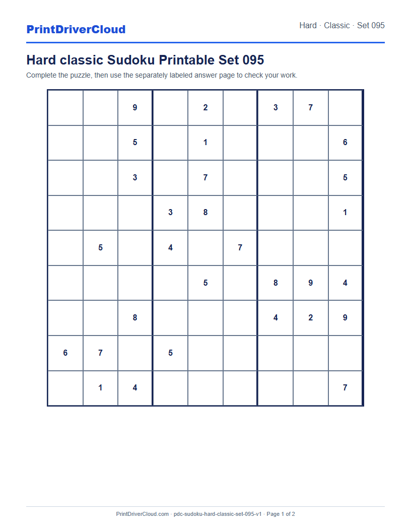 Preview of Hard classic Sudoku Printable Set 095