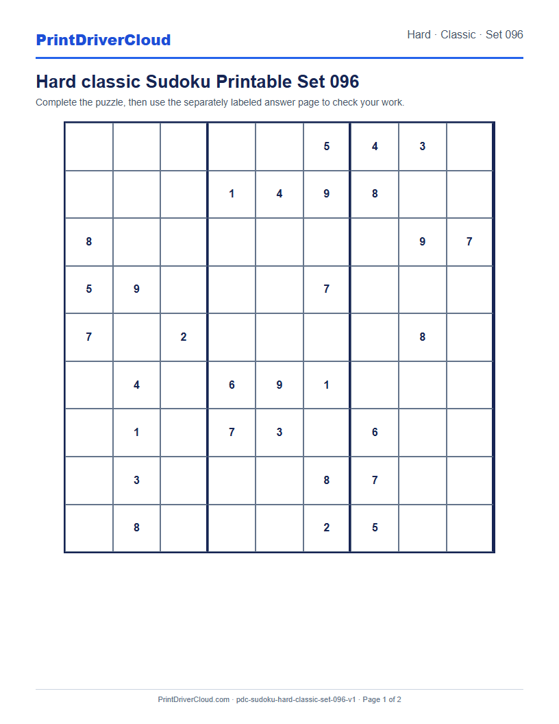 Preview of Hard classic Sudoku Printable Set 096