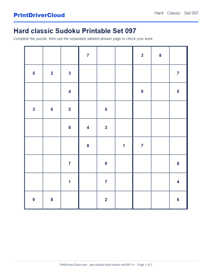 Preview of Hard classic Sudoku Printable Set 097