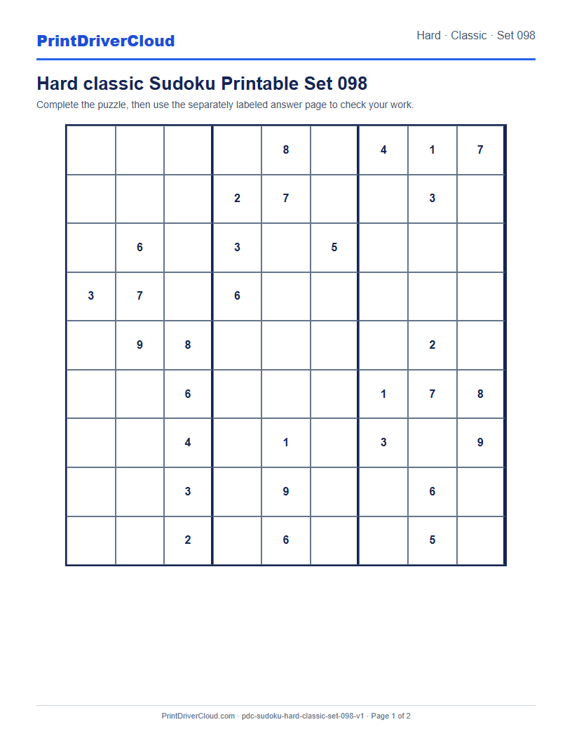 Preview of Hard classic Sudoku Printable Set 098