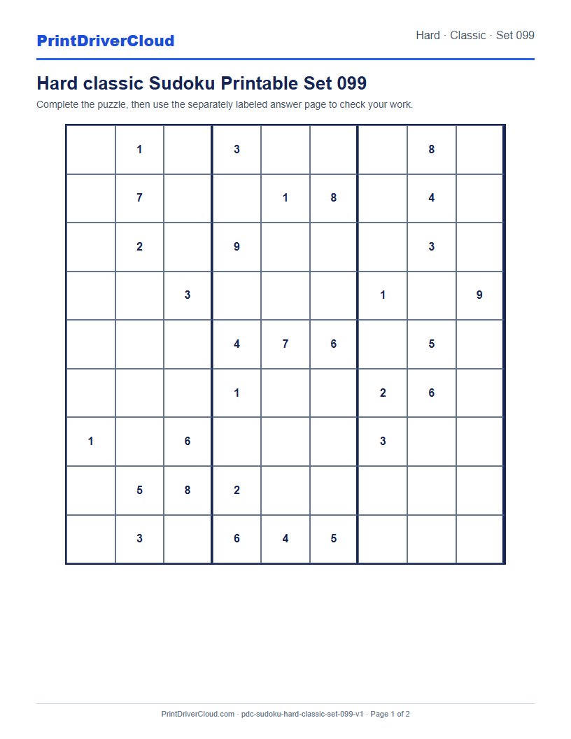 Preview of Hard classic Sudoku Printable Set 099