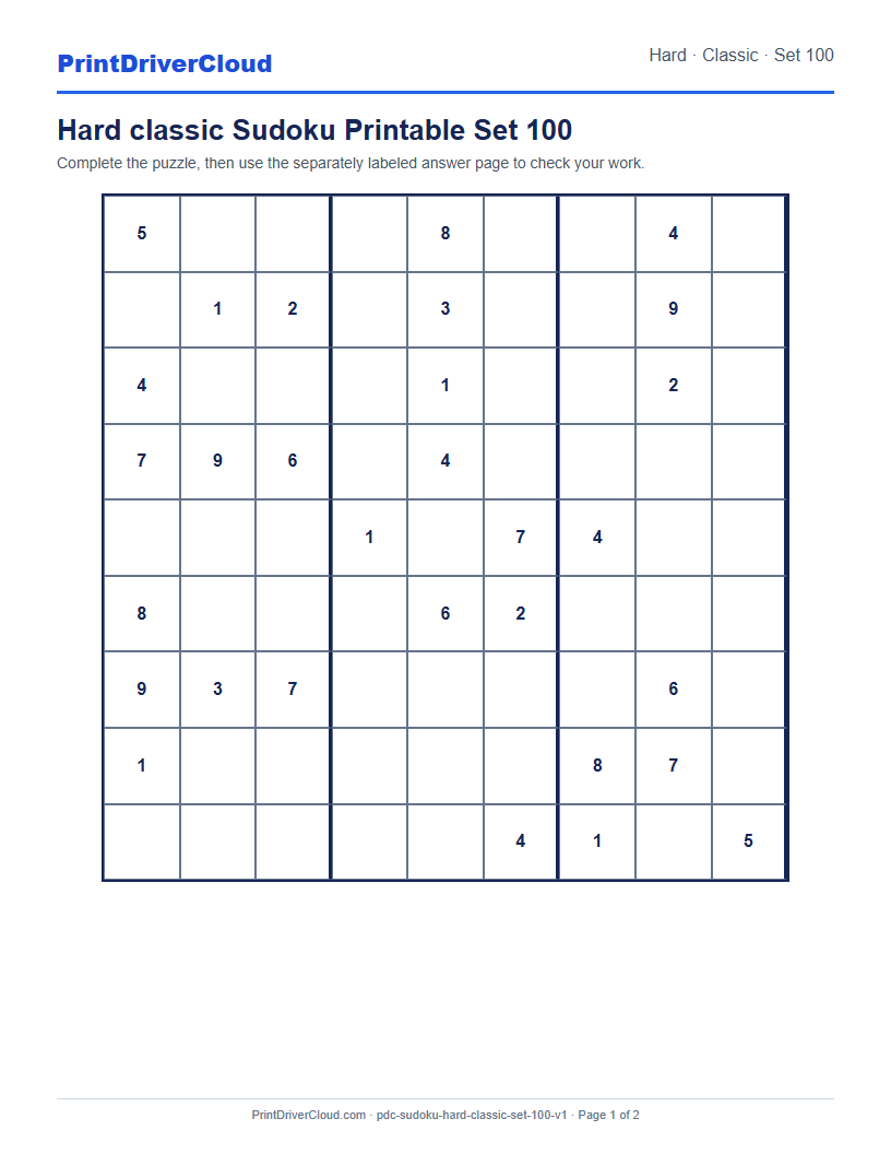 Preview of Hard classic Sudoku Printable Set 100