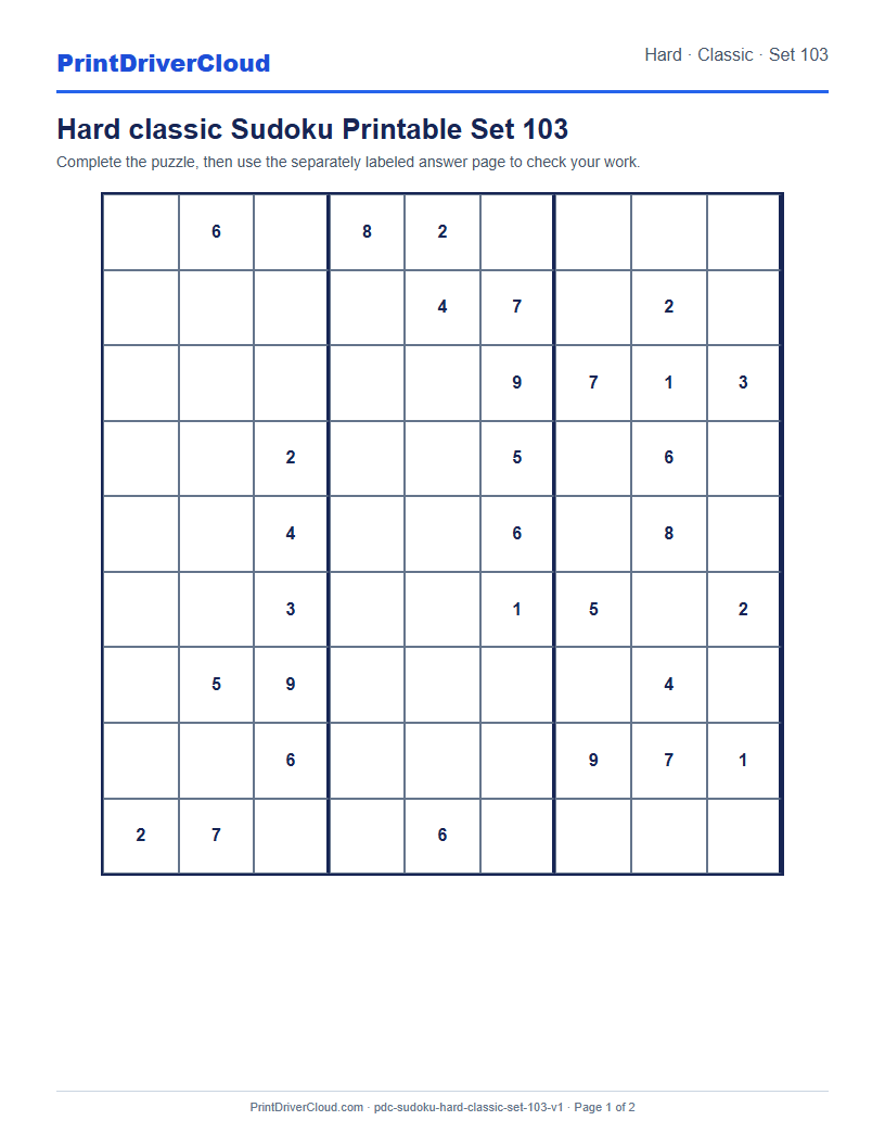Preview of Hard classic Sudoku Printable Set 103