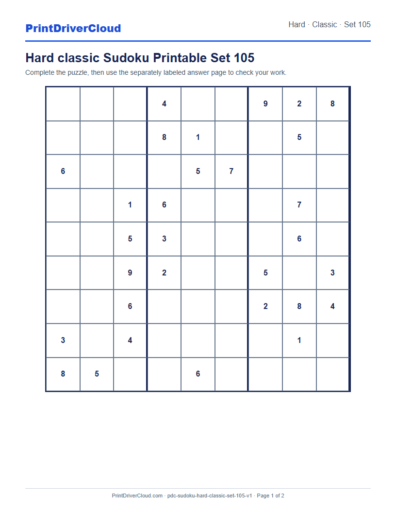 Preview of Hard classic Sudoku Printable Set 105
