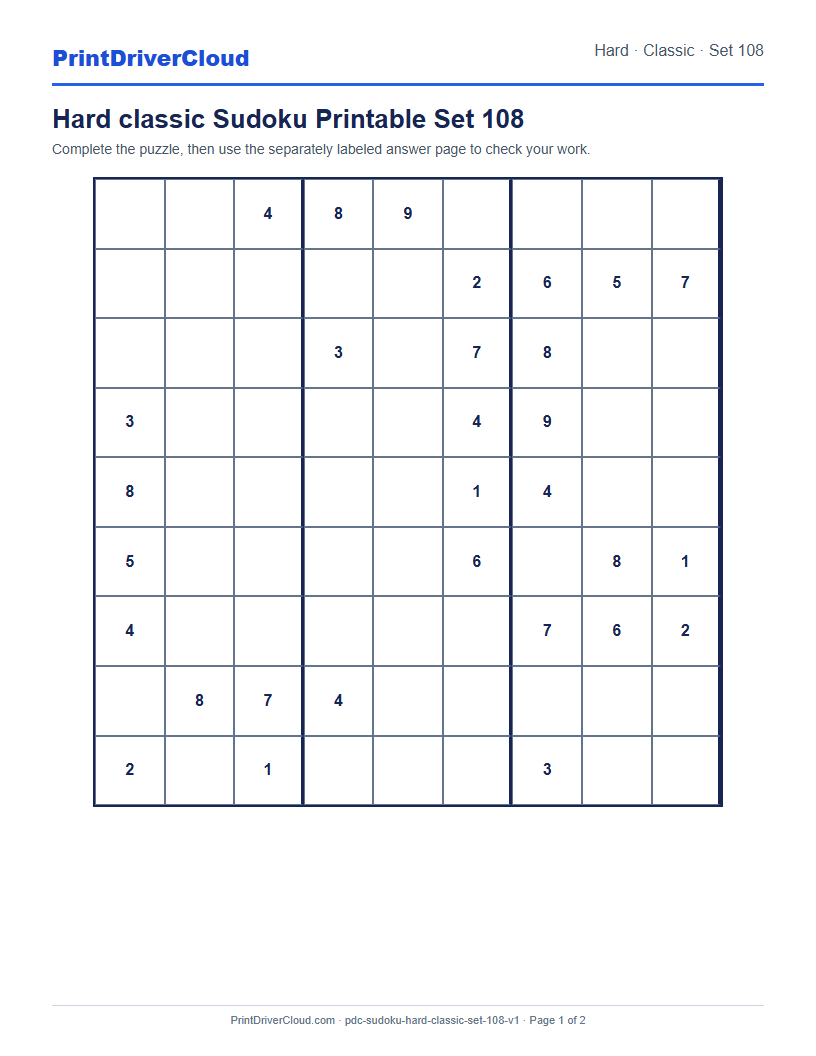 Preview of Hard classic Sudoku Printable Set 108