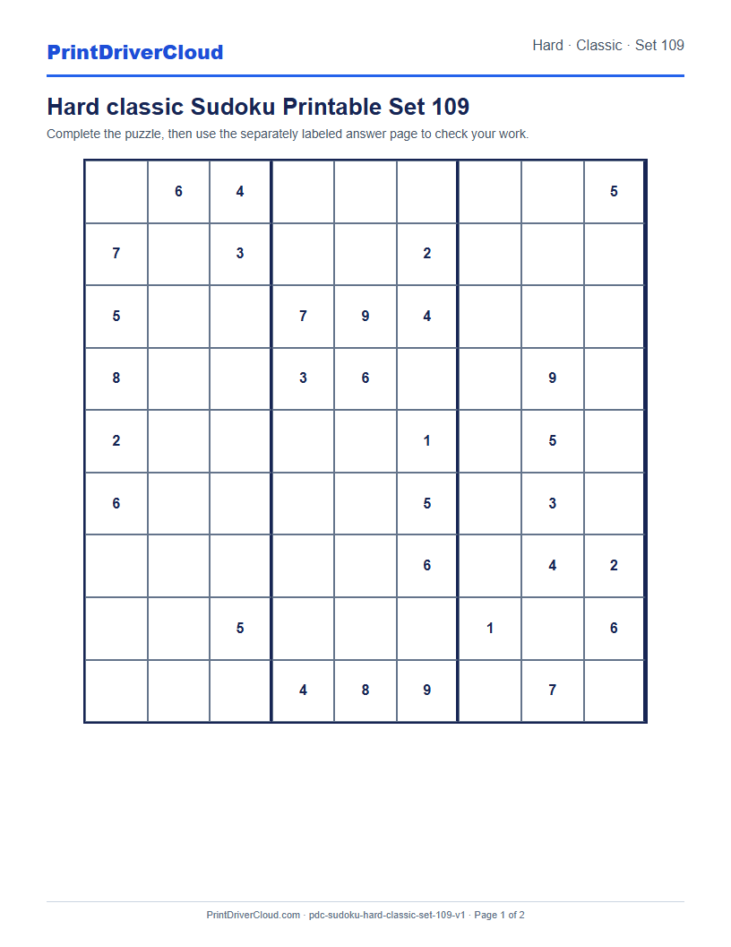 Preview of Hard classic Sudoku Printable Set 109