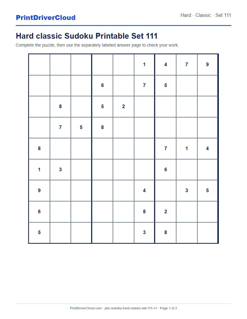 Preview of Hard classic Sudoku Printable Set 111