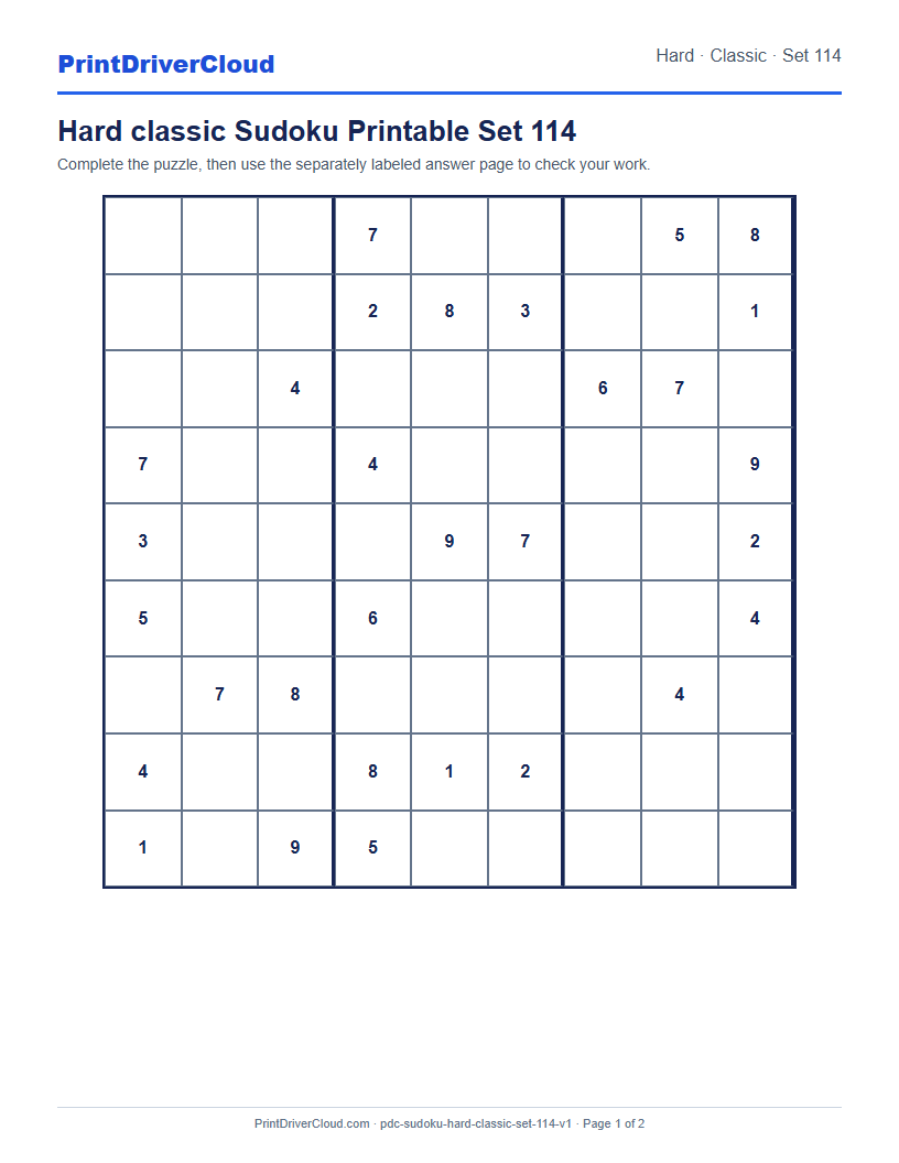 Preview of Hard classic Sudoku Printable Set 114