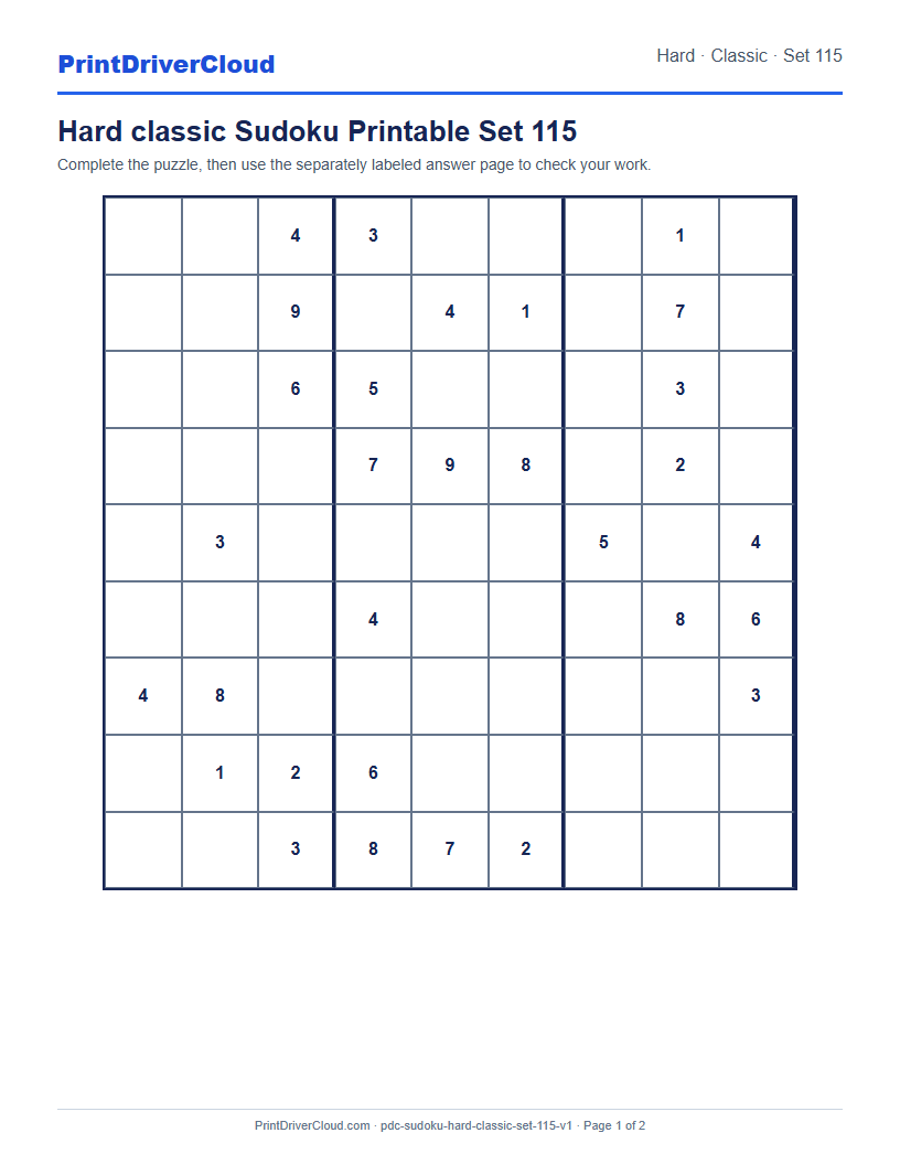 Preview of Hard classic Sudoku Printable Set 115