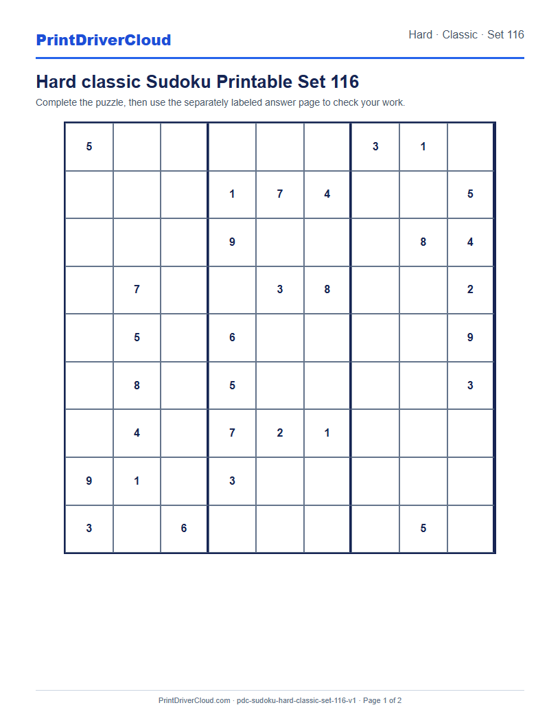 Preview of Hard classic Sudoku Printable Set 116