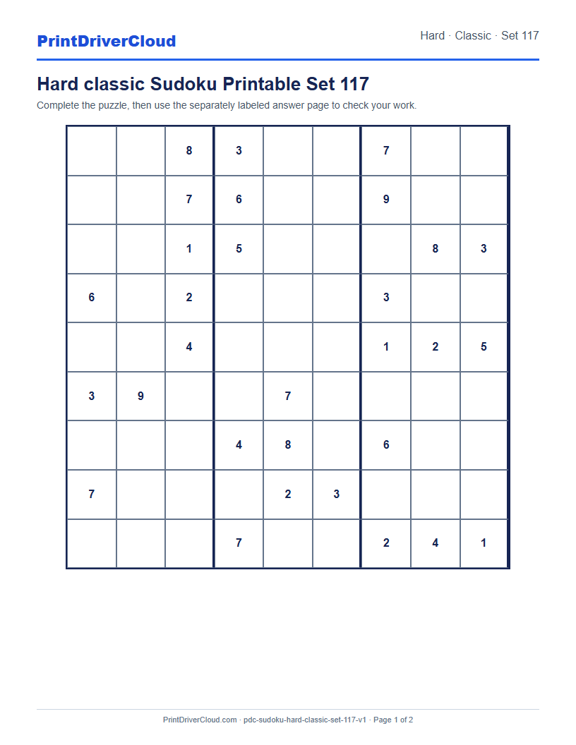 Preview of Hard classic Sudoku Printable Set 117