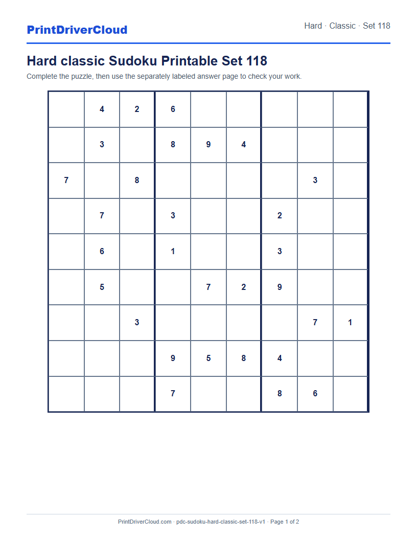 Preview of Hard classic Sudoku Printable Set 118