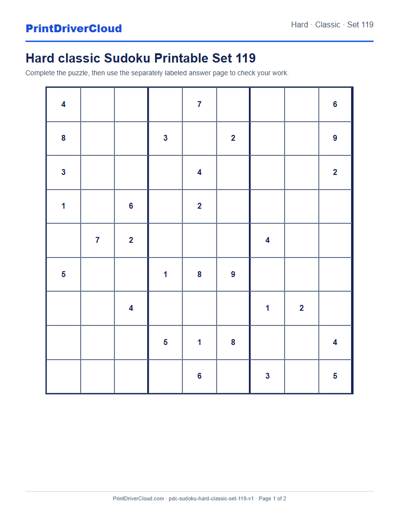Preview of Hard classic Sudoku Printable Set 119