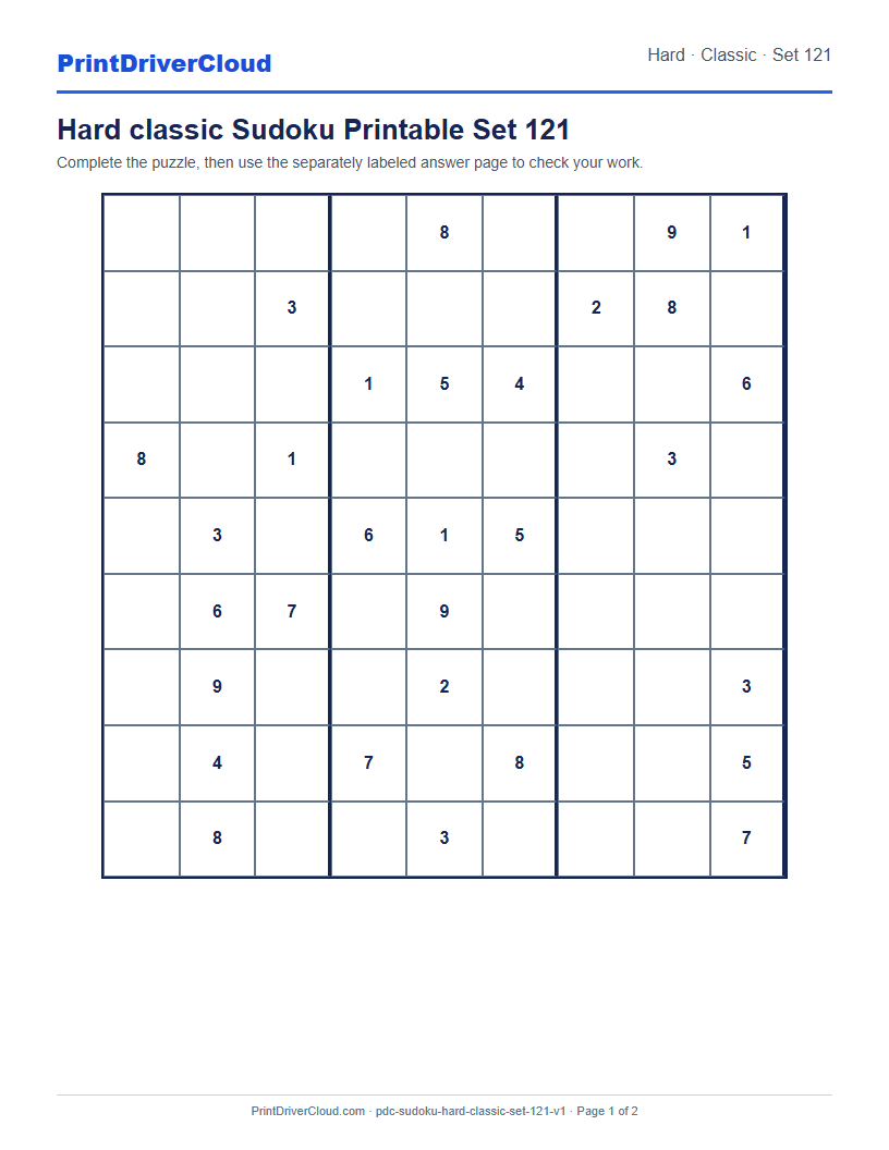Preview of Hard classic Sudoku Printable Set 121