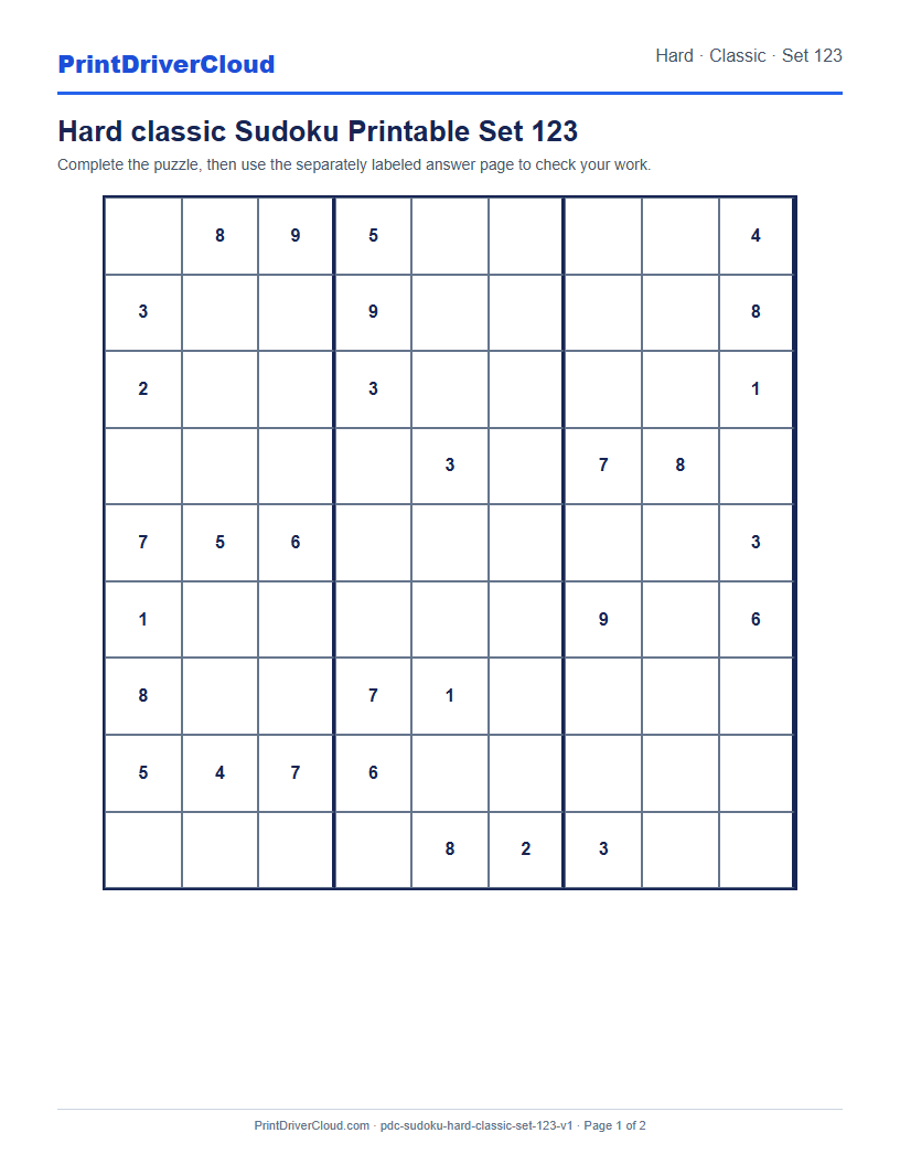 Preview of Hard classic Sudoku Printable Set 123