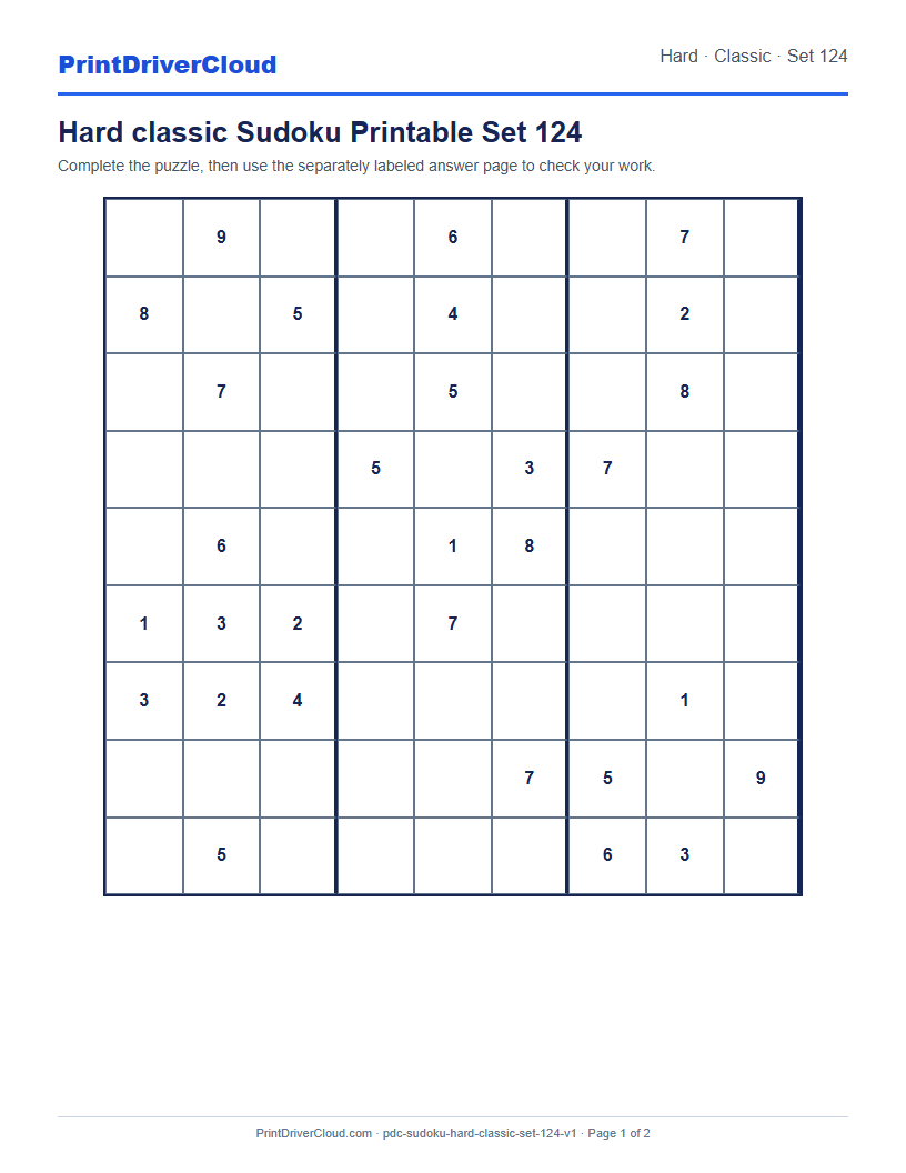 Preview of Hard classic Sudoku Printable Set 124